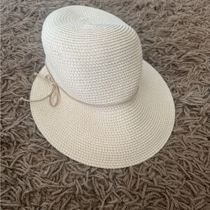 Nine West Ivory Wide-Brim Straw Hat with Slim Bow